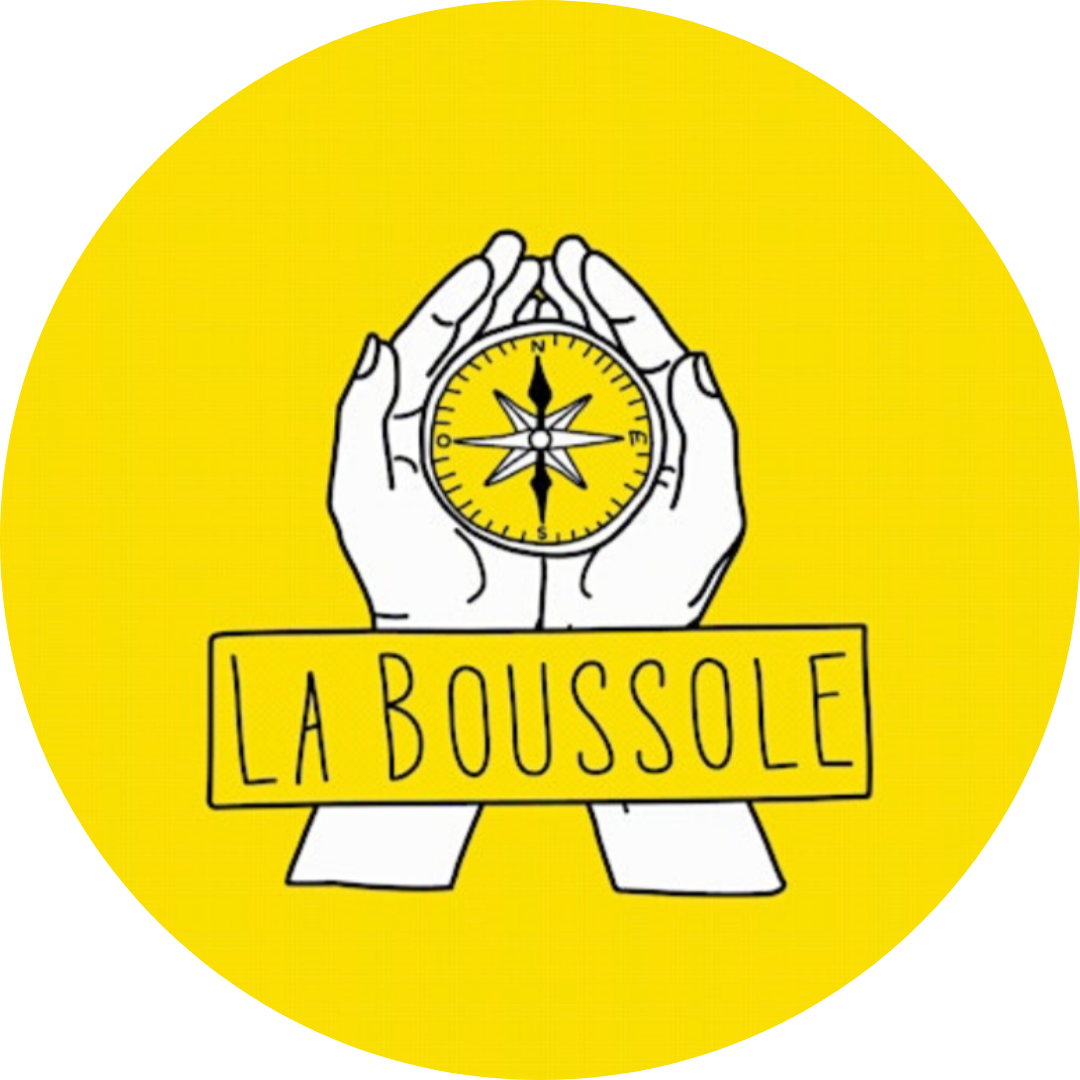 La Boussole logo, a hand holding a compass on a yellow background with word La Boussole in all caps overlaid