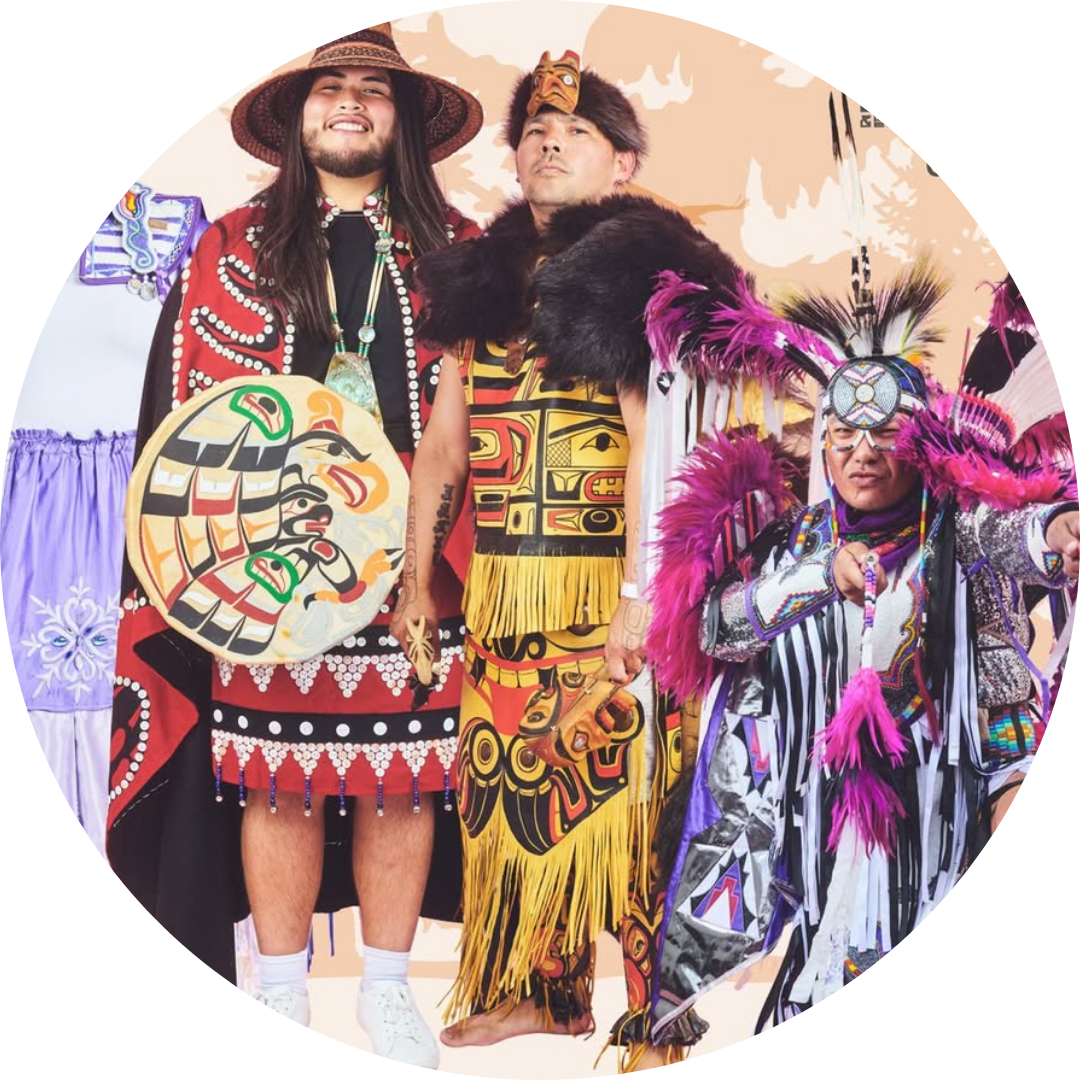 an artistic image with edited coloured shapes and indigenous artwork with three indigenous men standing in indigenous traditional clothing - one holding a drum with a painting on it