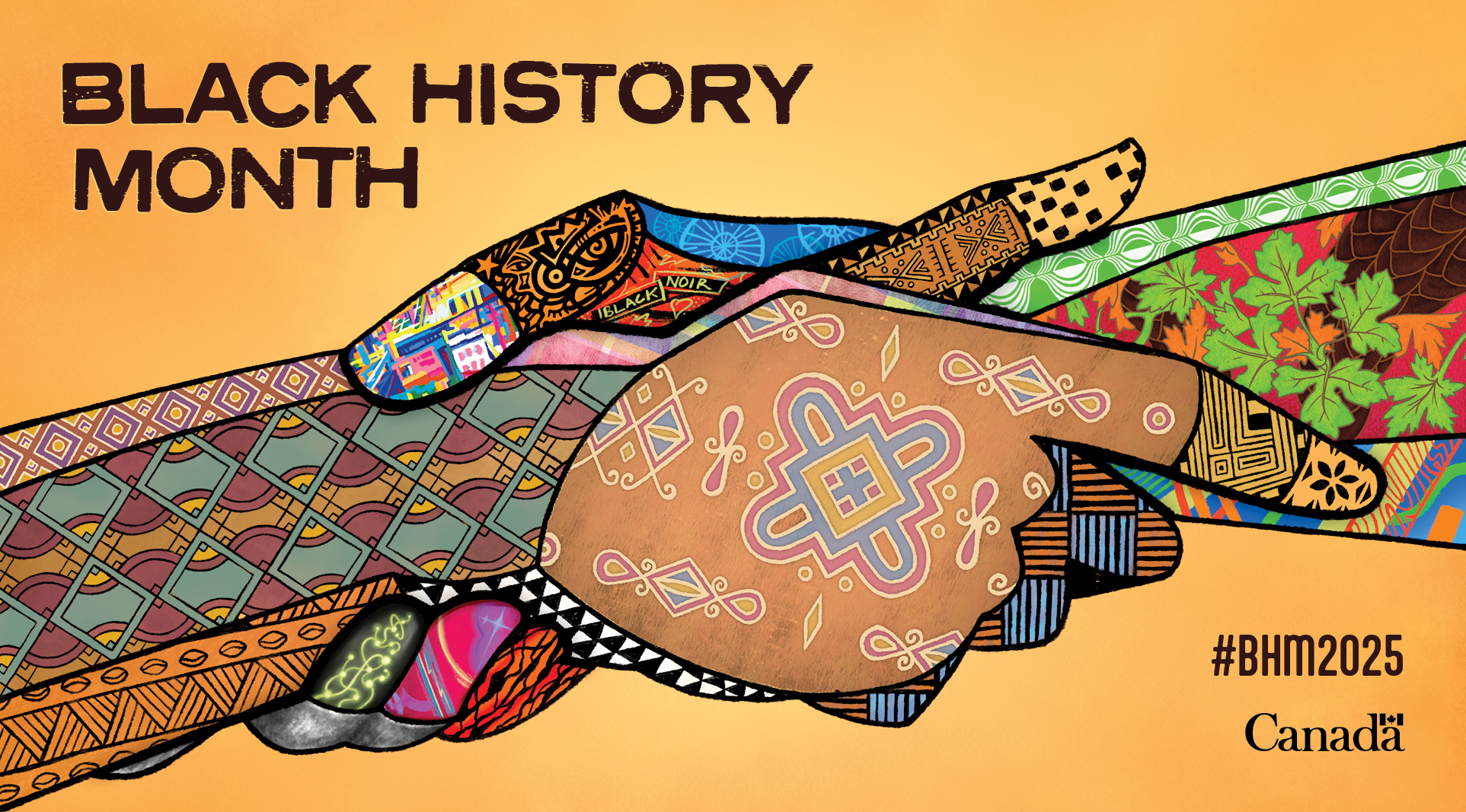 Black History Month official Canada image 2025, painted artwork of hands holding each other