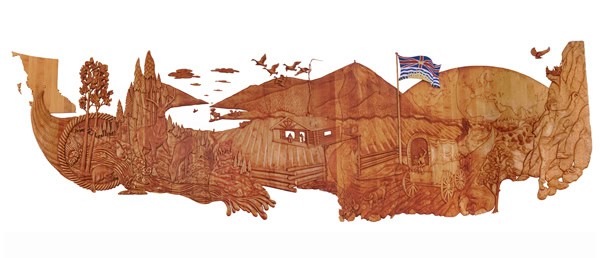 Detailed woodcarved mural by HP Rodseth depicting landscapes, wildlife, buildings, and a BC flag