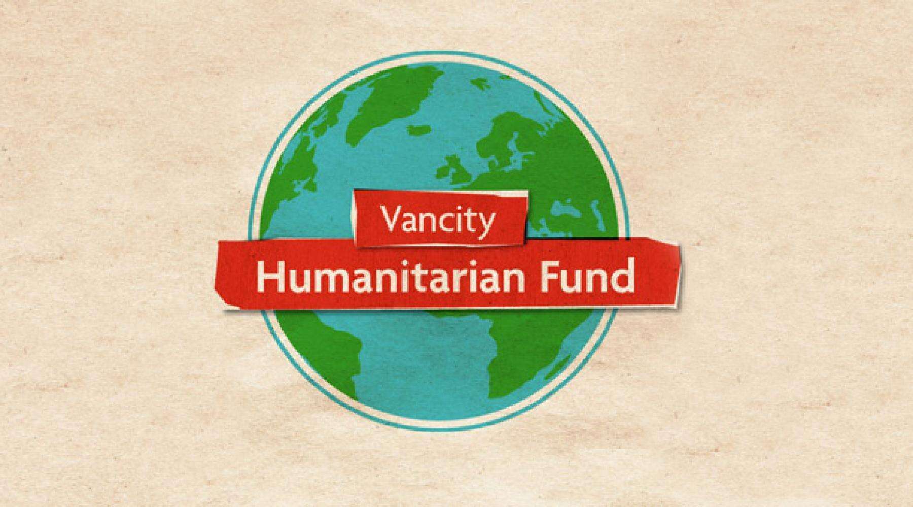 Logo graphic for the Vancity Humanitarian Fund over a globe illustration.