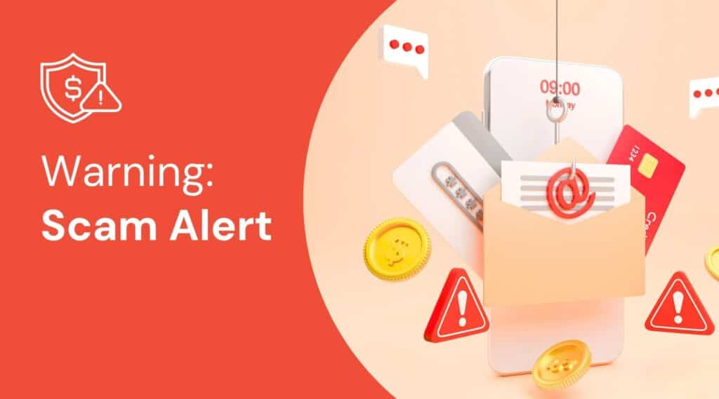 Scam alert graphic showing a smartphone with phishing email, credit card, warning icons, and coins alongside “Warning: Scam Alert” text